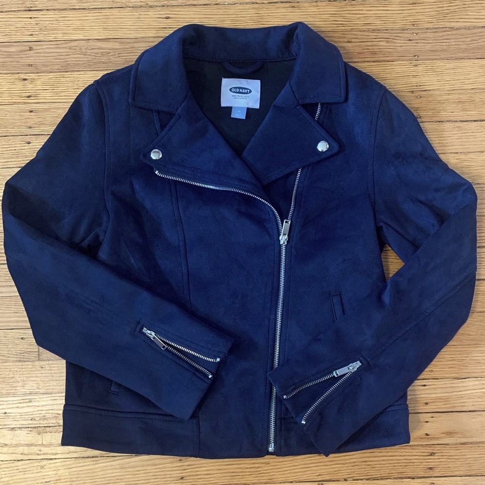 Faux suede navy blue asymmetrical jacket with silver zipper and buttons